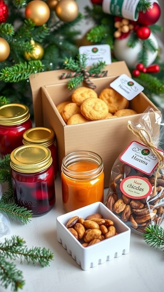 A collection of homemade Christmas gifts including preserves, cookies, and spiced nuts, decorated for the holidays.